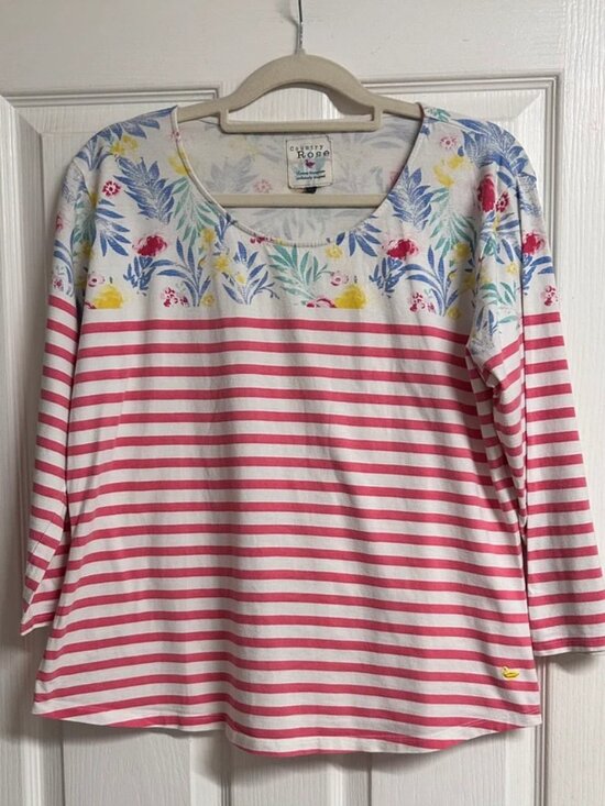 Tops - White Pink Stripe Country Rose Womens 3/4 Sleeve Floral Top